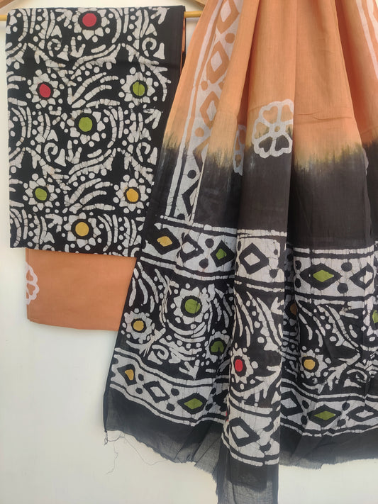 (BATIK) Hand Block Printed Cotton Suit With Mulmul Cotton Dupatta
