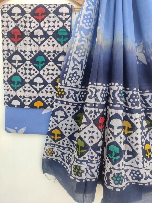 (BATIK) Hand Block Printed Cotton Suit With Mulmul Cotton Dupatta