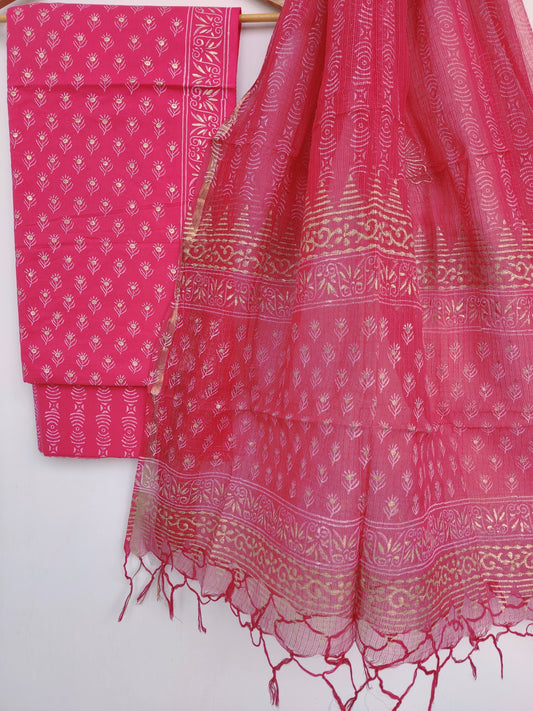 Hand Block Printed Cotton Suit with Cotton Kota Doria dupatta0
