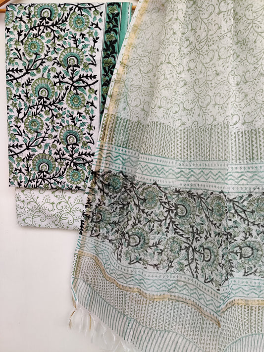 Hand Block Printed Cotton Suit with Cotton Kota Doria dupatta