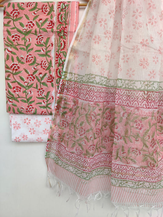 Hand Block Printed Cotton Suit with Cotton Kota Doria dupatta