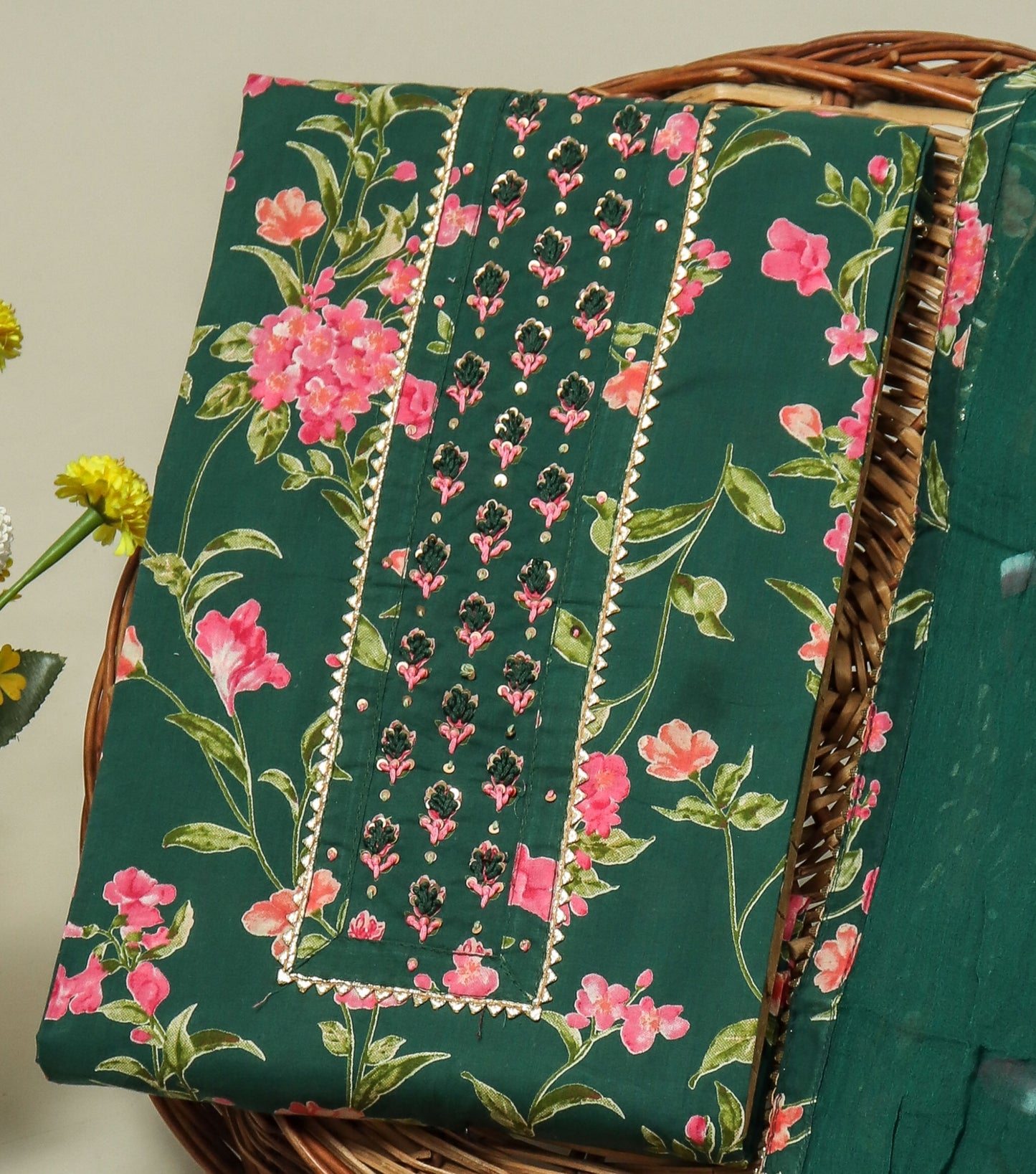 Cotton Printed Neck Work Suits with Chiffon dupatta