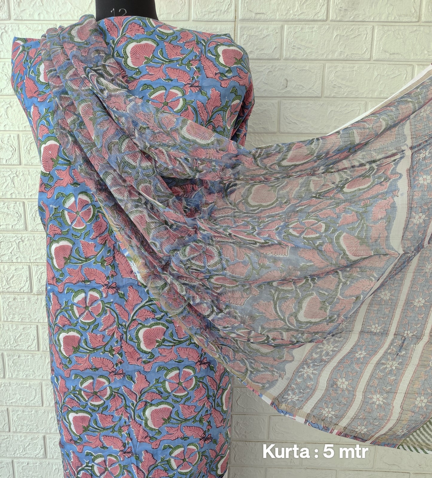 (All over) Hand Block Printed Cotton Suit with Cotton Kota Doria dupatta