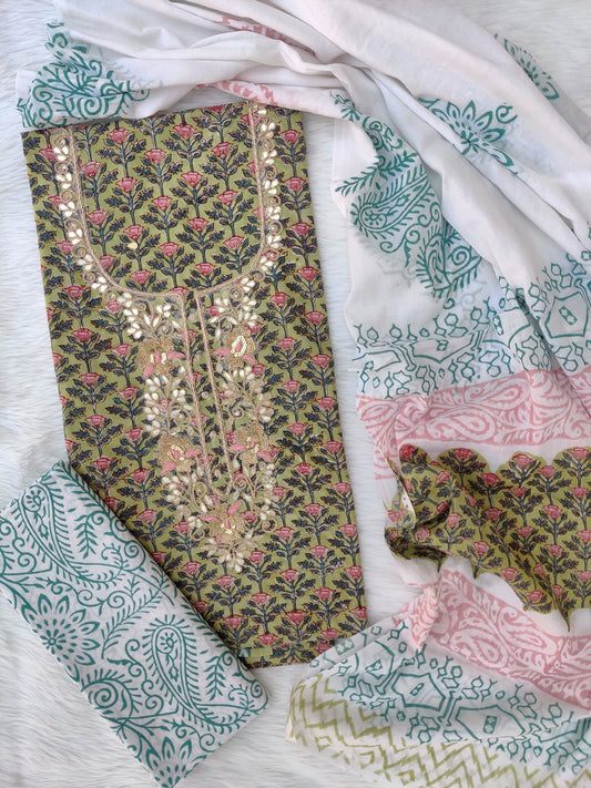 FLORAL PRINTED COTTON GOTA PATTI SUIT WITH COTTON DUPATTA