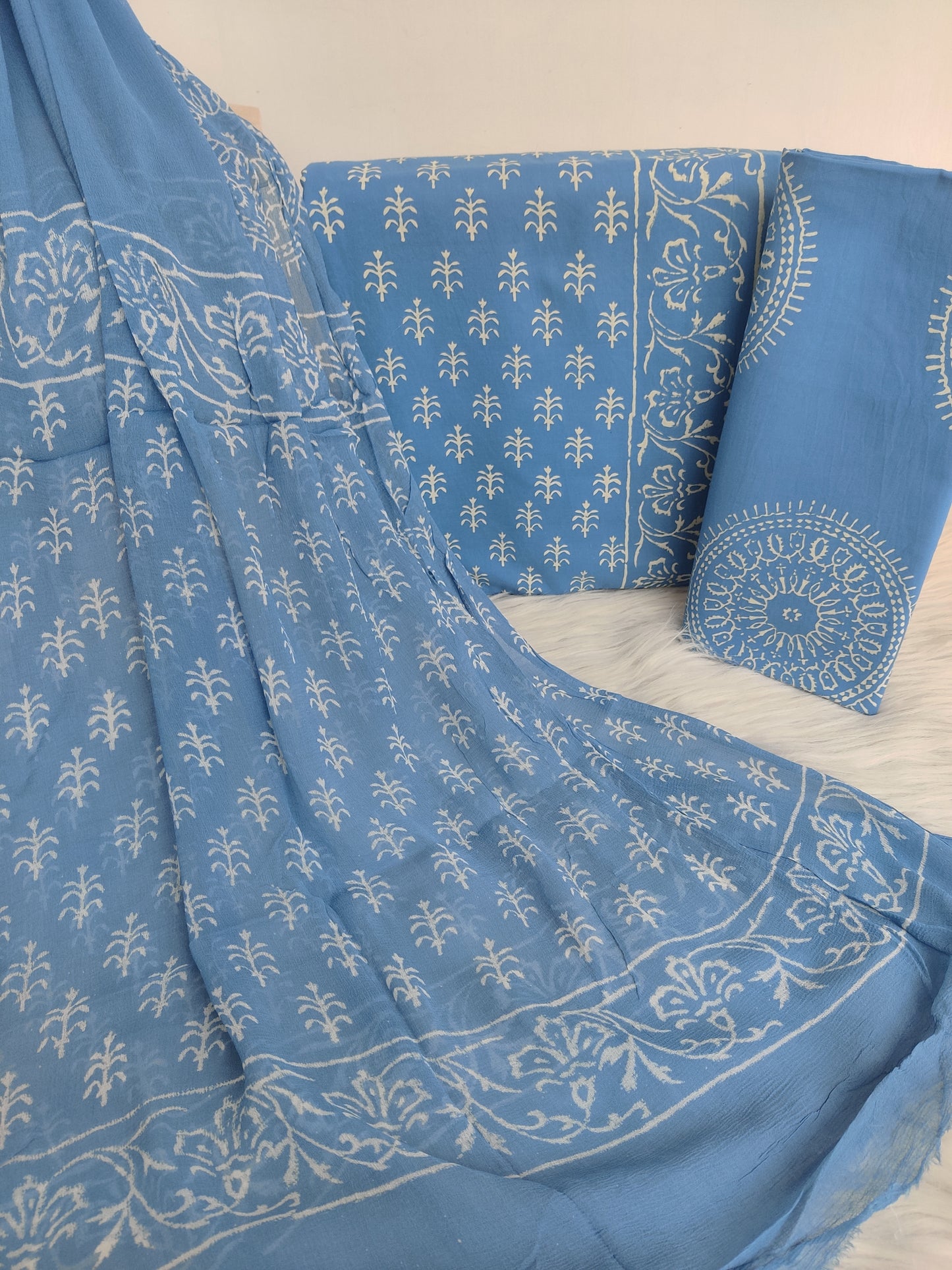 Hand Block Printed Cotton Suit with Pure Chiffon dupatta