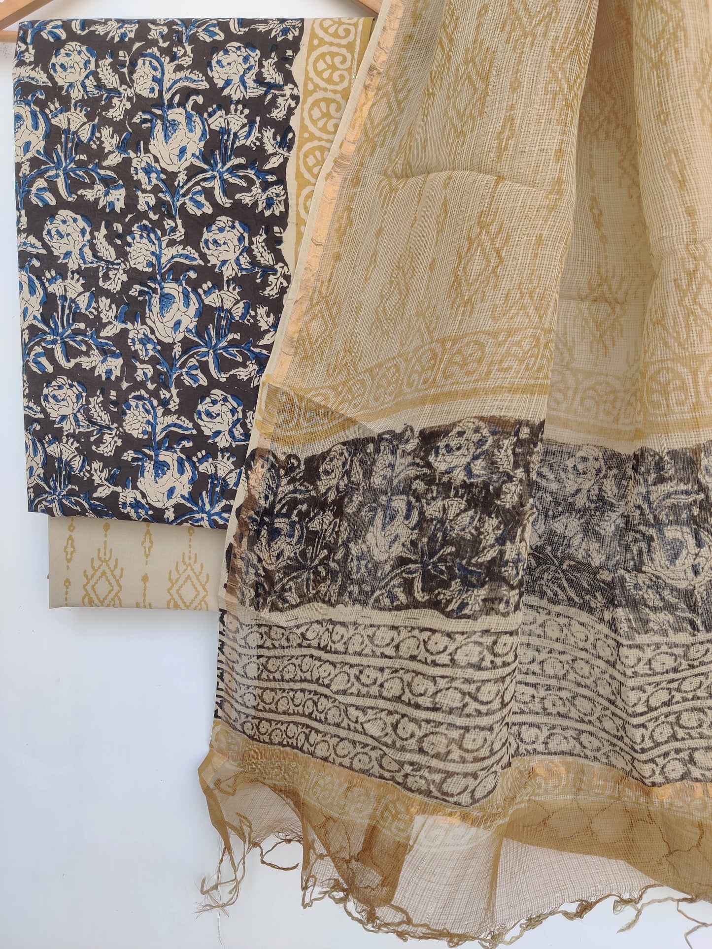 (KALAMKARI) Hand Block Printed Cotton Suit with Cotton Kota Doria dupatta
