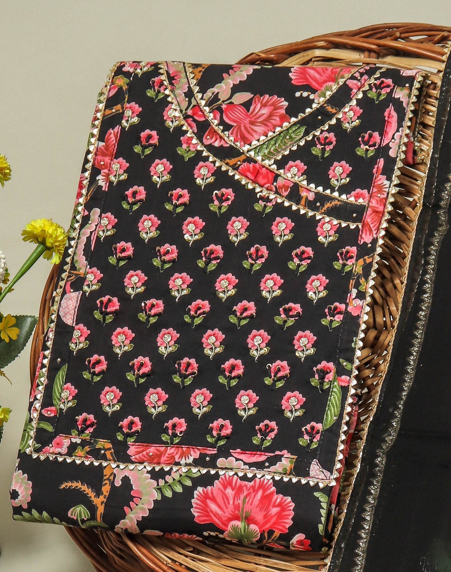 Cotton Printed Neck Work Suits with Chiffon dupatta