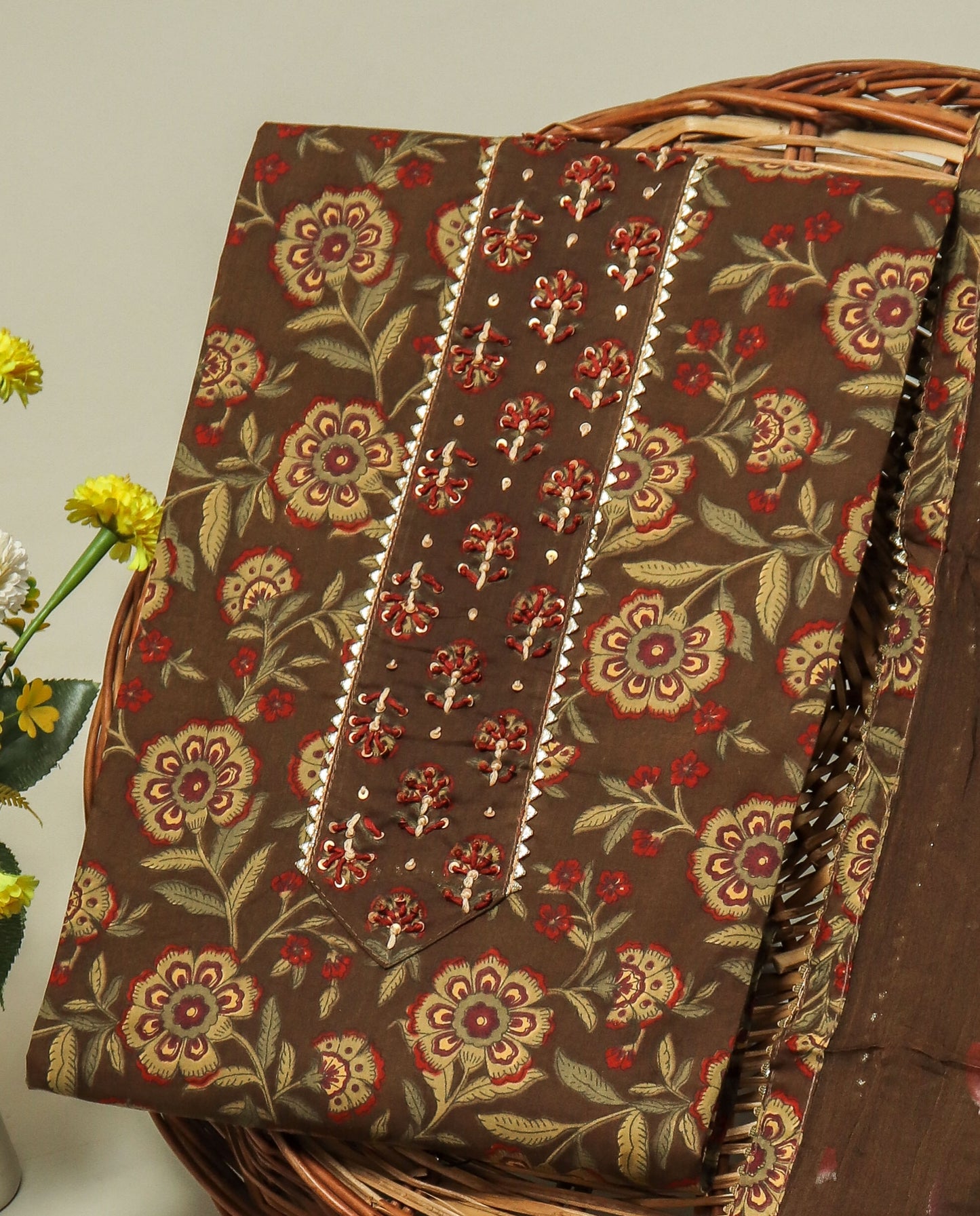 Cotton Printed Neck Work Suits with Chiffon dupatta