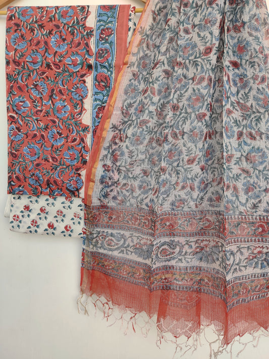 Hand Block Printed Cotton Suit with Cotton Kota Doria dupatta