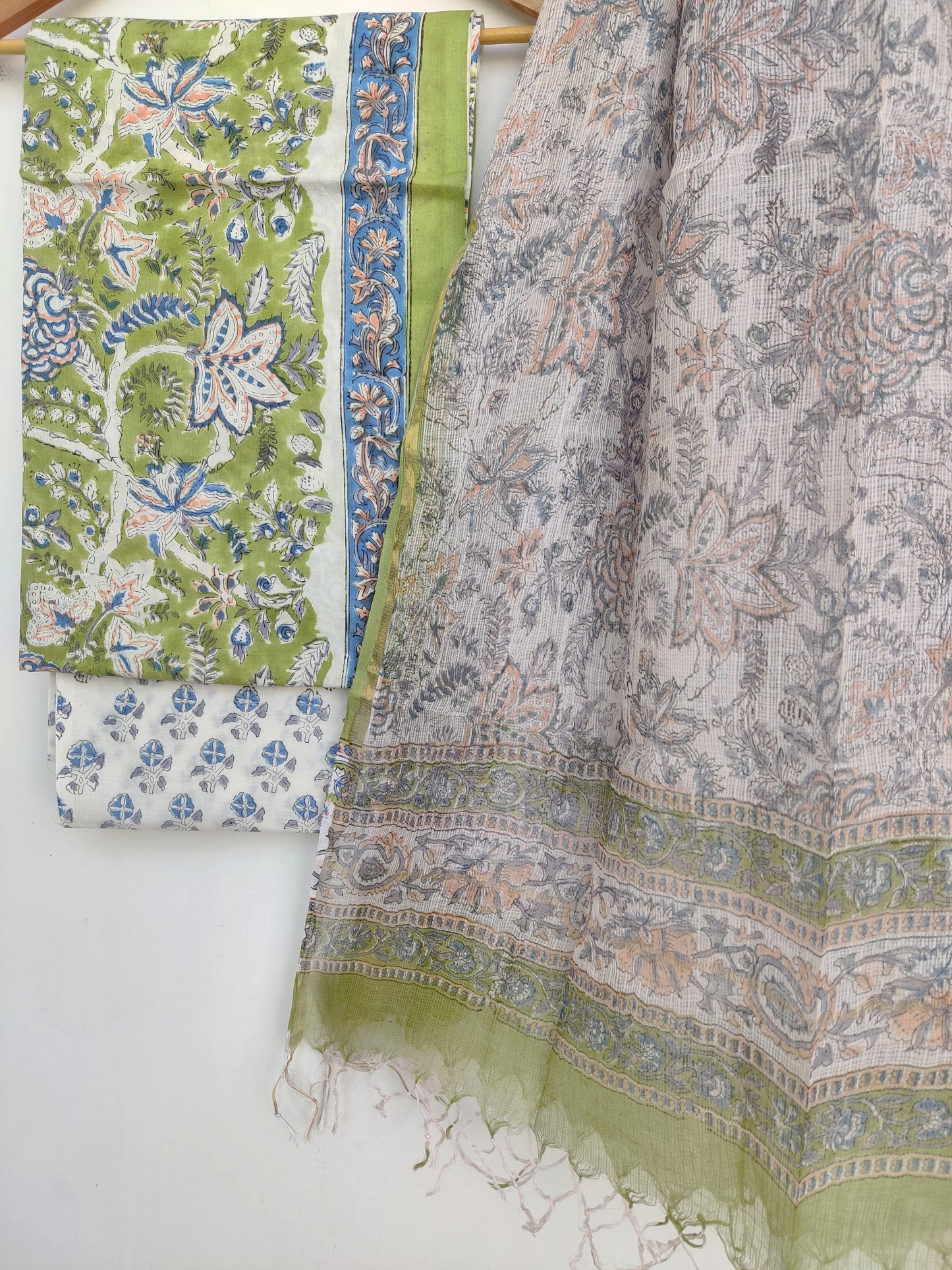Hand Block Printed Cotton Suit with Cotton Kota Doria dupatta