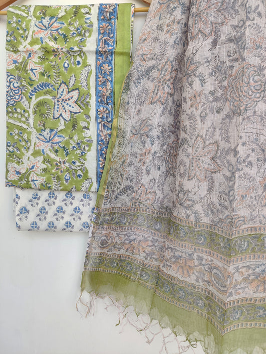 Hand Block Printed Cotton Suit with Cotton Kota Doria dupatta