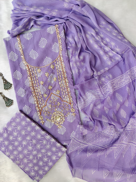 FLORAL PRINTED COTTON GOTA PATTI SUIT WITH CHIFFON DUPATTA