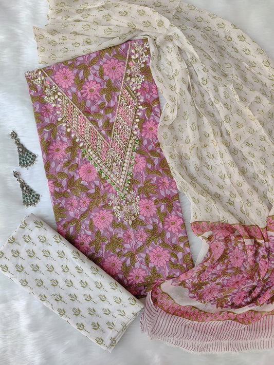 FLORAL PRINTED COTTON GOTA PATTI SUIT WITH CHIFFON DUPATTA