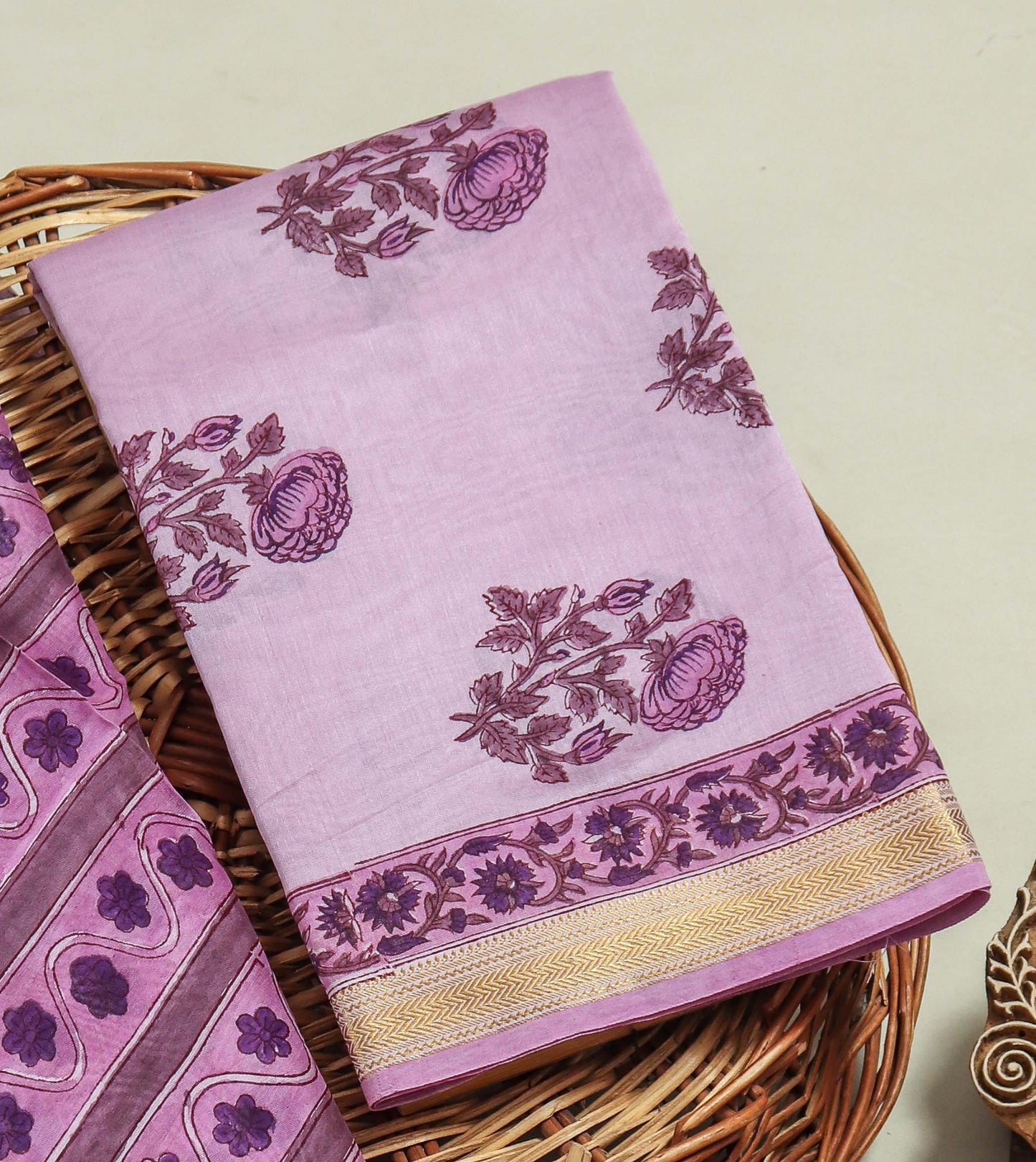 Hand Block Printed Maheshwari Silk Suit with Maheshwari Silk Dupatta