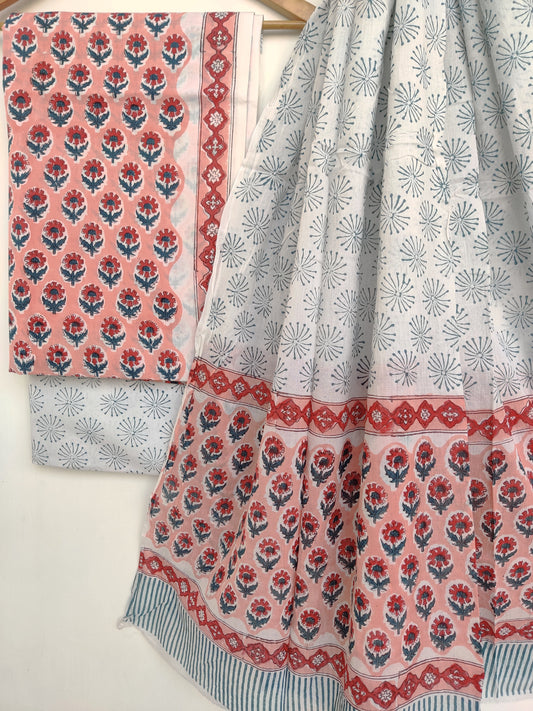 Hand Block Printed Cotton Suit With Mulmul Cotton Dupatta