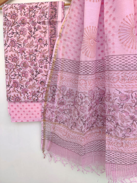 Hand Block Printed Cotton Suit with Cotton Kota Doria dupatta