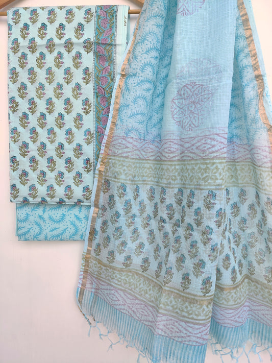 Hand Block Printed Cotton Suit with Cotton Kota Doria dupatta.