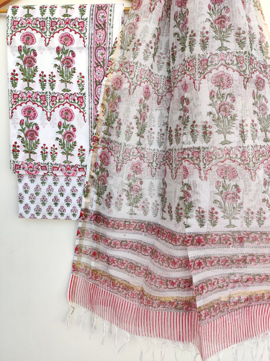Hand Block Printed Cotton Suit with Cotton Kota Doria dupatta