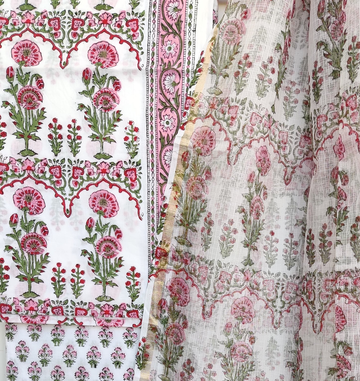 Hand Block Printed Cotton Suit with Cotton Kota Doria dupatta