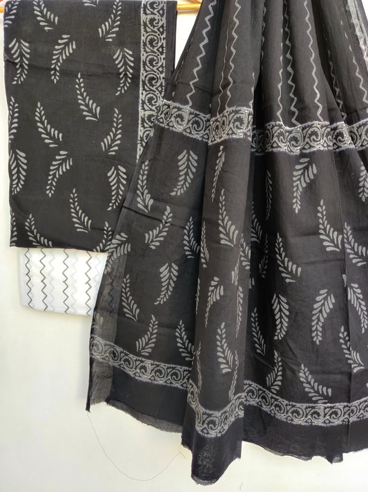 (Black & White) Hand Block Printed Cotton Suit with Cotton dupatta