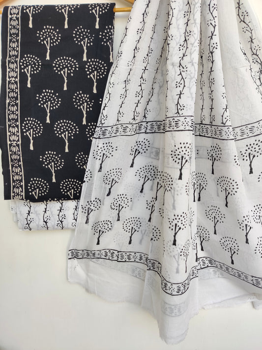 (Black & White) Hand Block Printed Cotton Suit with Cotton dupatta 2