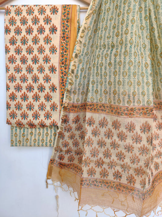 Hand Block Printed Cotton Suit with Cotton Kota Doria dupatta