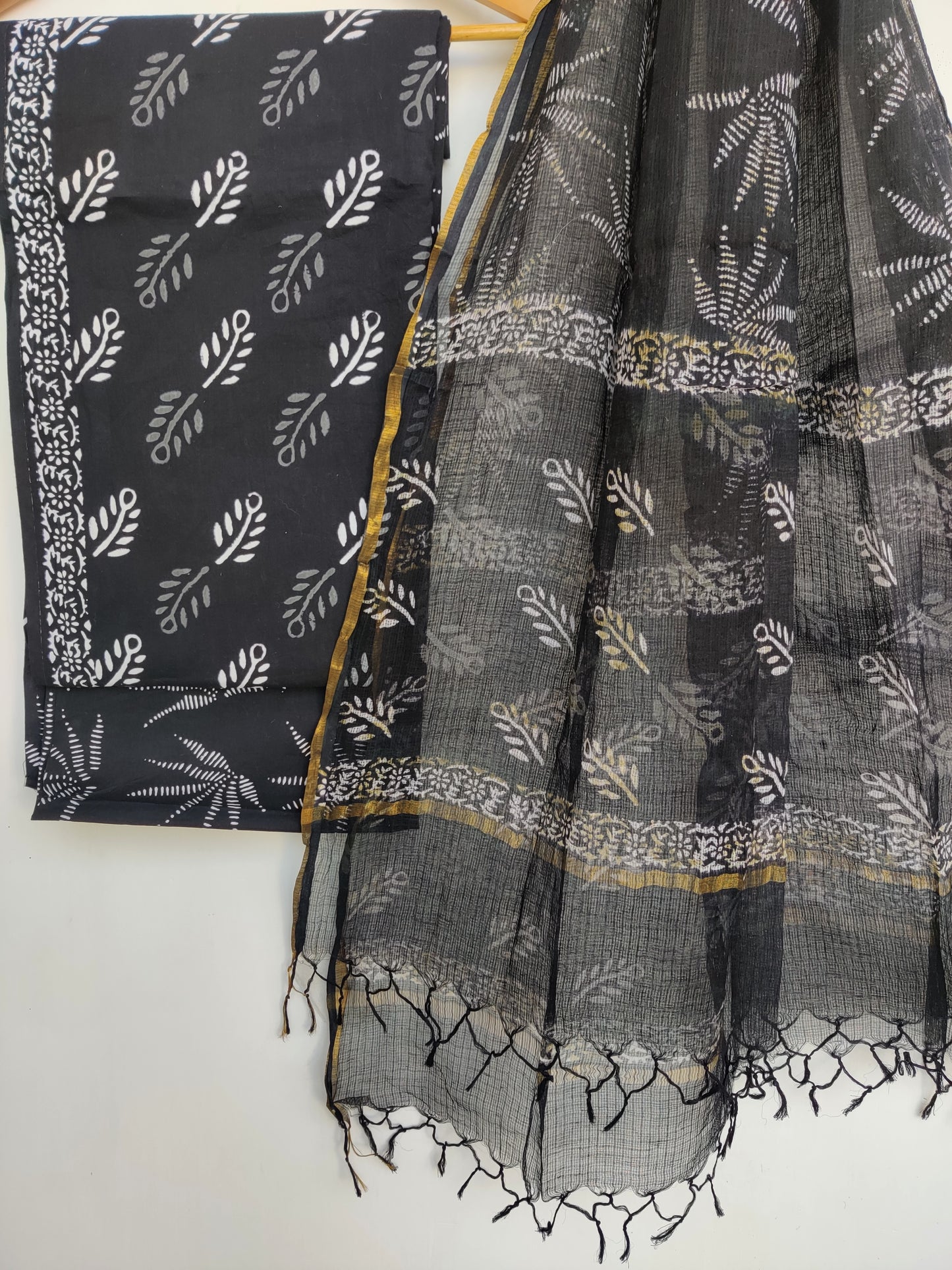 (Black) Hand Block Printed Cotton Suit with Cotton Kota Doria dupatta