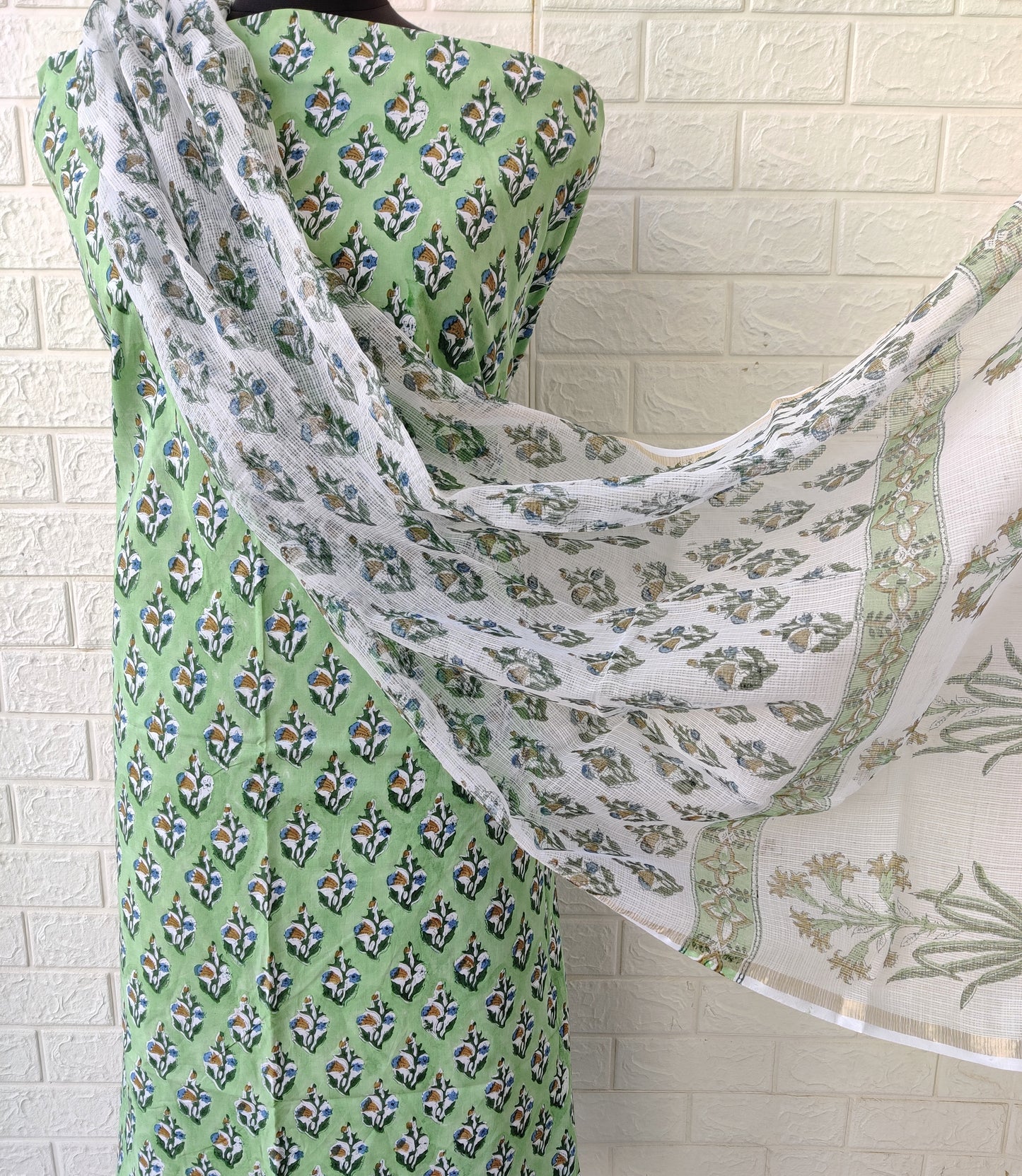 (All over) Hand Block Printed Cotton Suit with Cotton Kota Doria dupatta