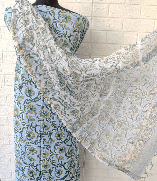 (All over) Hand Block Printed Cotton Suit with Cotton Kota Doria dupatta