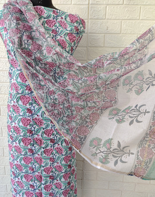 (All over) Hand Block Printed Cotton Suit with Cotton Kota Doria dupatta