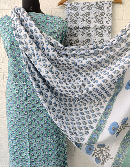 Hand Block Printed Cotton Suit With Mulmul Cotton Dupatta