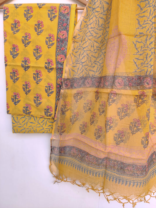 Hand Block Printed Cotton Suit with Cotton Kota Doria dupatta1