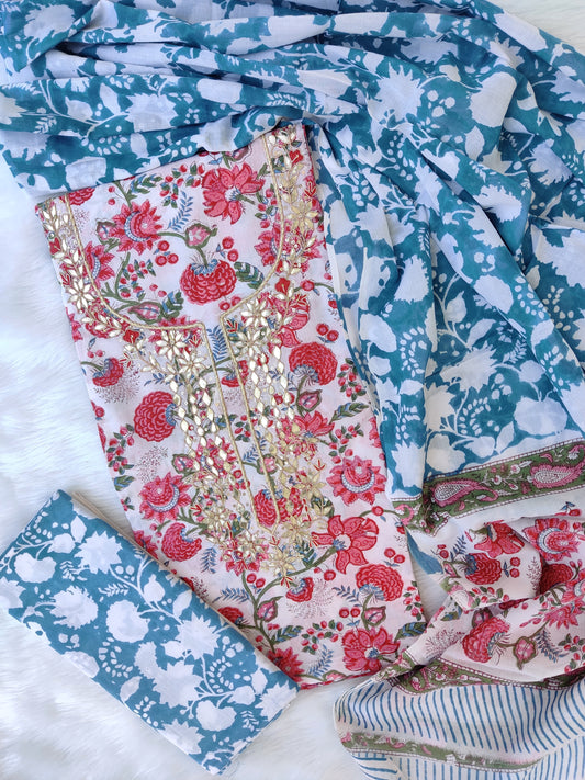 FLORAL PRINTED COTTON GOTA PATTI SUIT WITH COTTON DUPATTA1