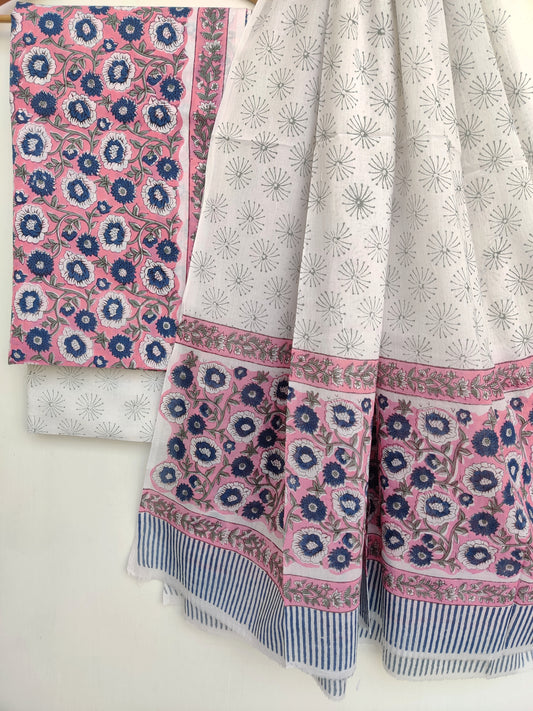 Hand Block Printed Cotton Suit With Mulmul Cotton Dupatta
