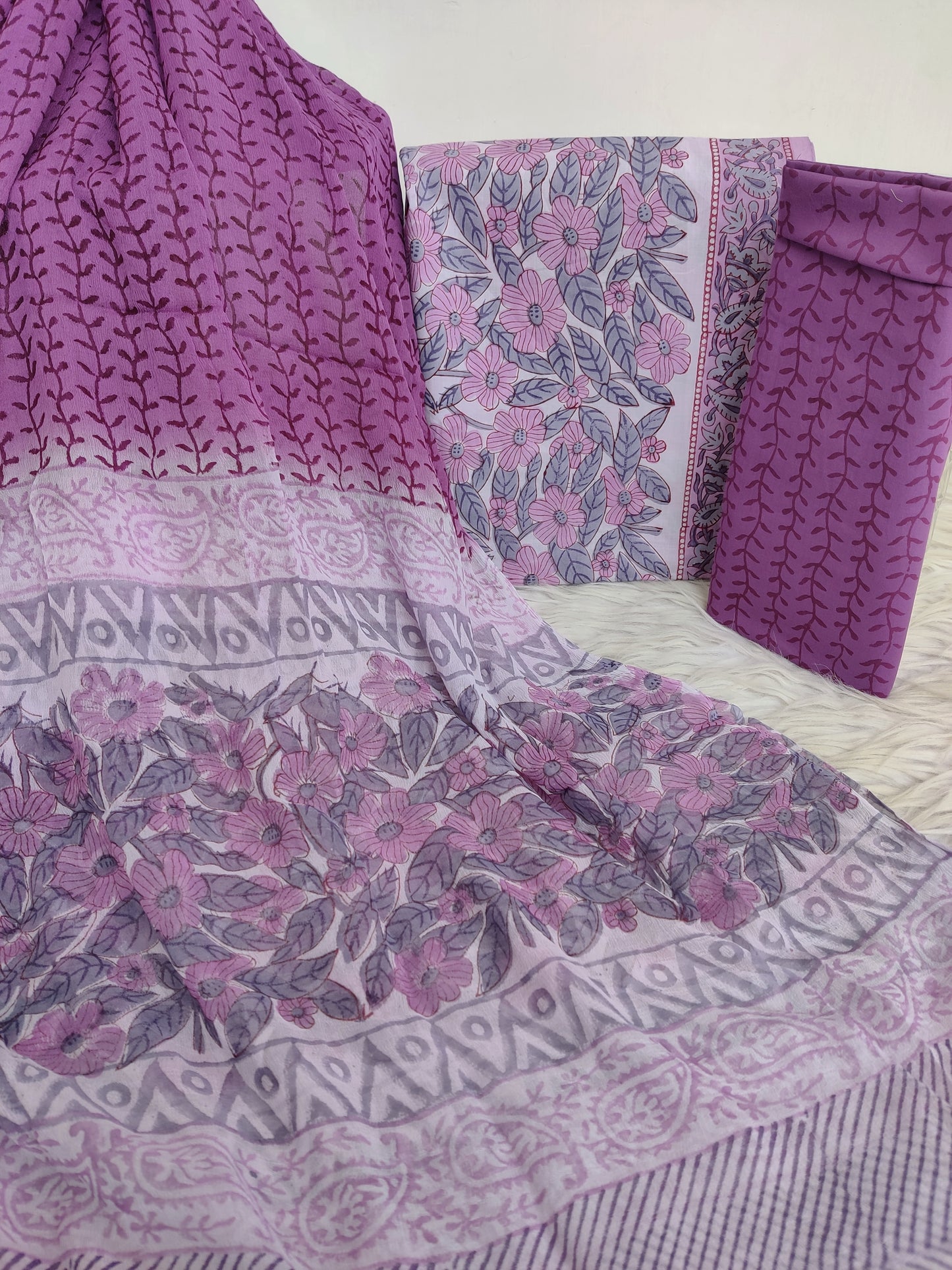 Hand Block Printed Cotton Suit with Pure Chiffon dupatta