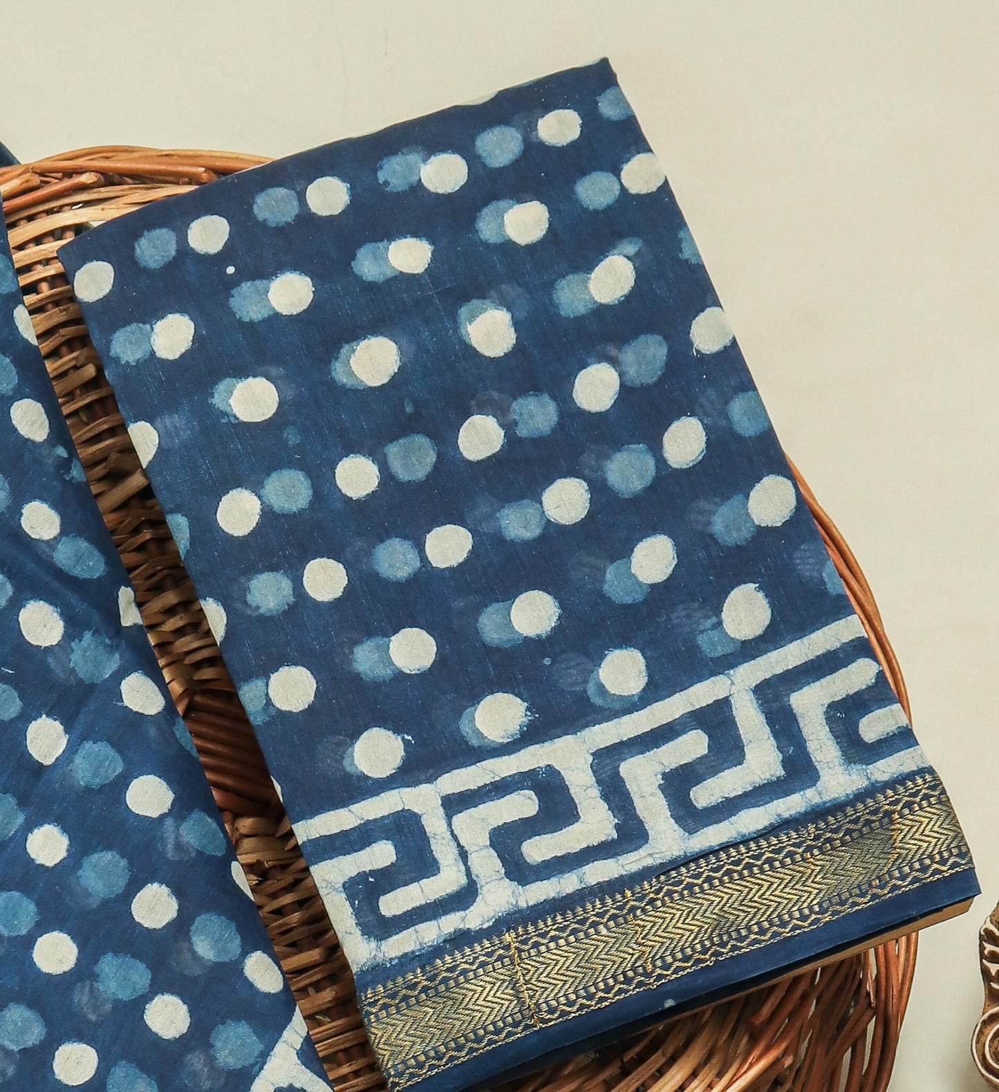 Indigo Blue Hand Block Printed Maheshwari Silk Suit with Maheshwari Silk Dupatta