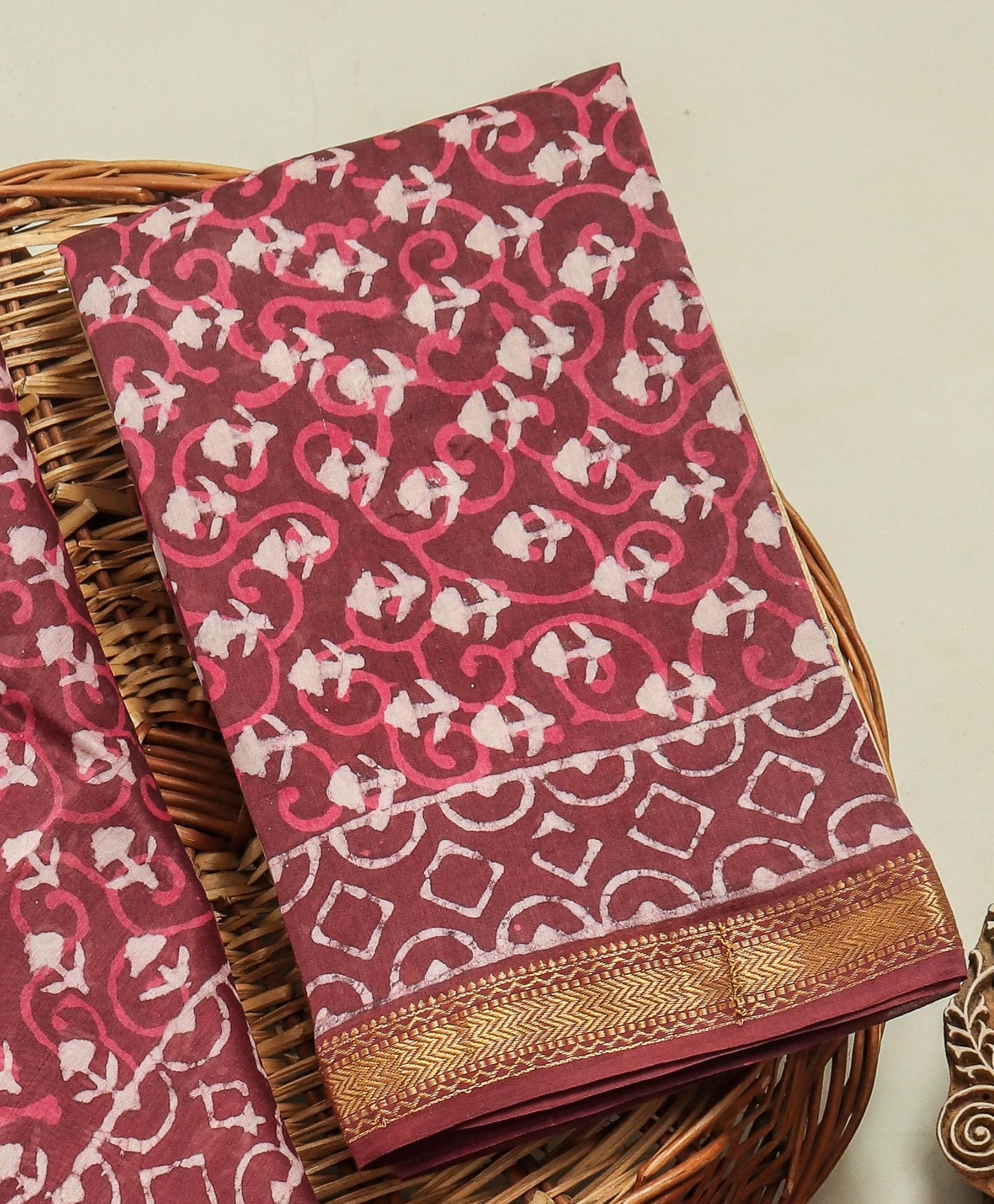 Hand Block Printed Maheshwari Silk Suit with Maheshwari Silk Dupatta