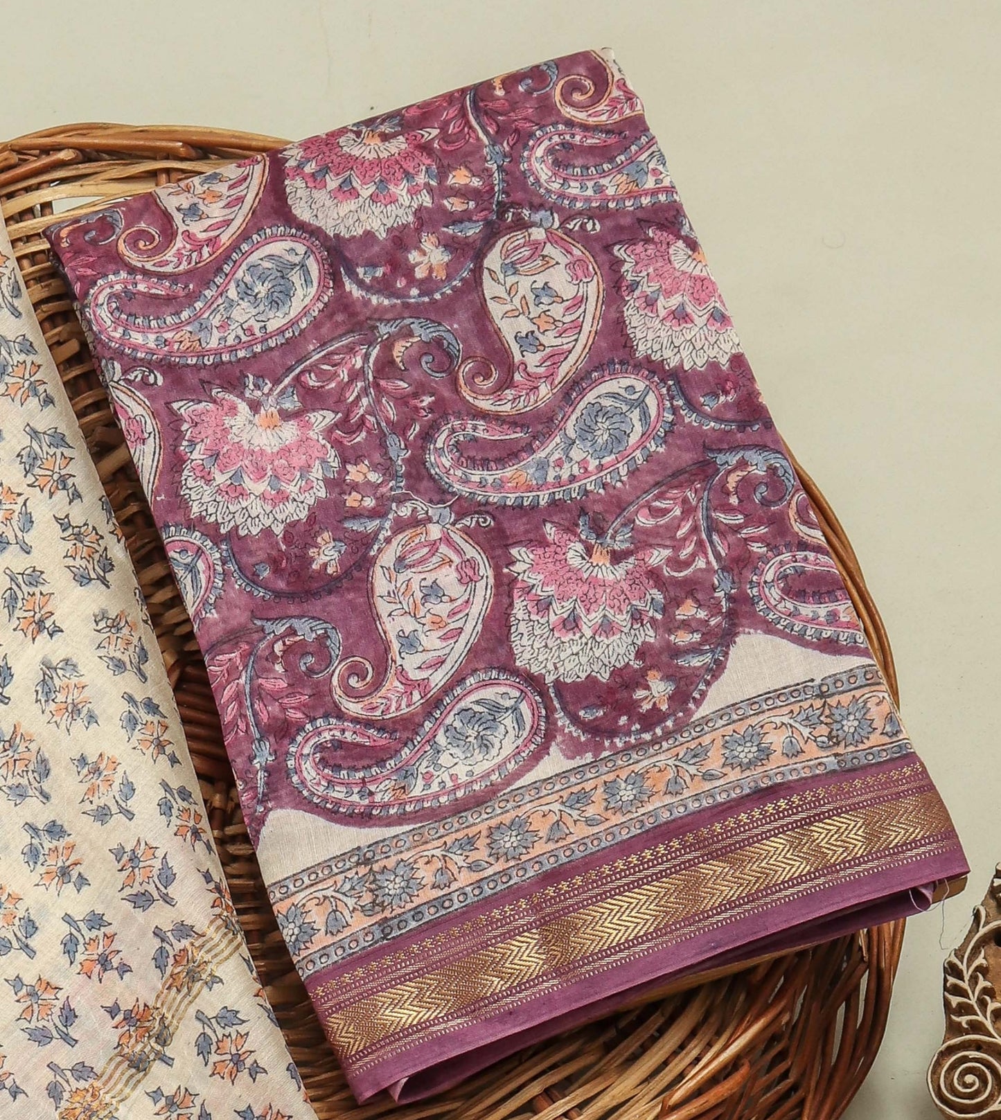 Hand Block Printed Maheshwari Silk Suit with Maheshwari Silk Dupatta