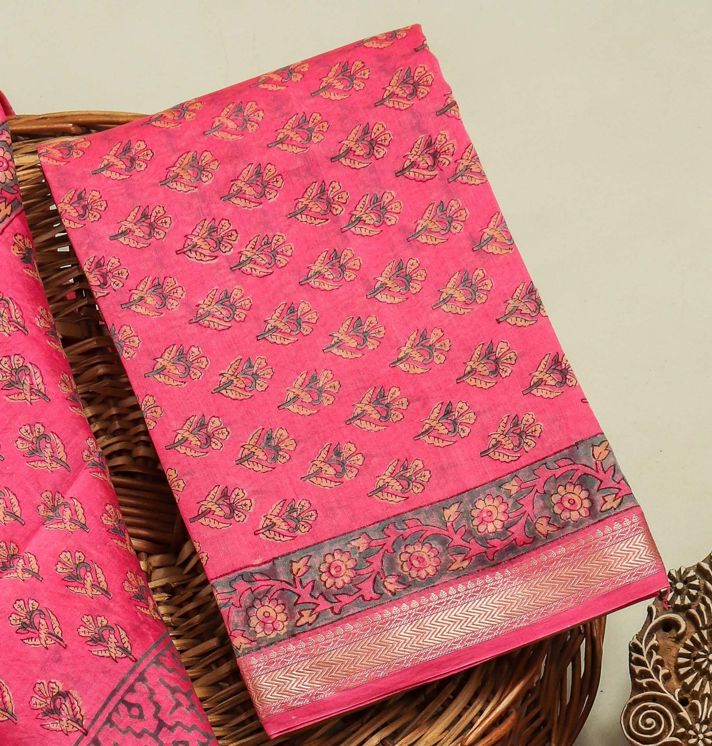 Hand Block Printed Maheshwari Silk Suit with Maheshwari Silk Dupatta