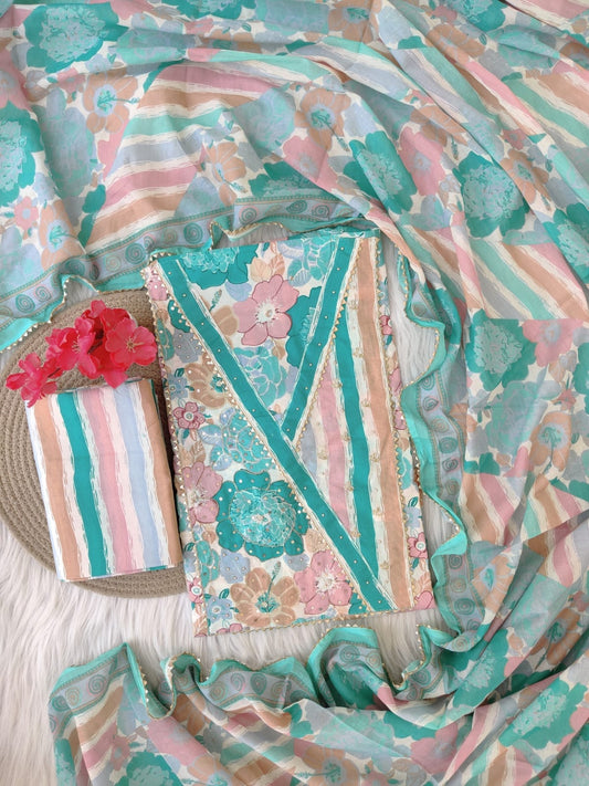 Cotton Printed Neck Work Suits with mulmul dupatta