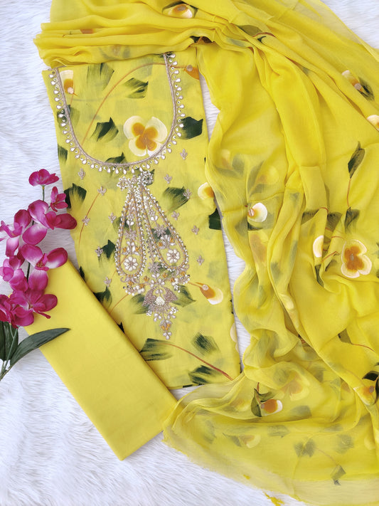 FLORAL PRINTED COTTON GOTA PATTI SUIT WITH CHIFFON DUPATTA