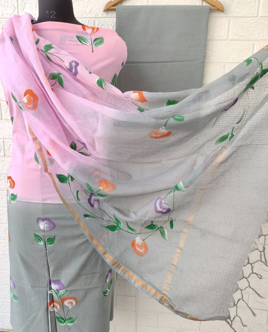 Hand Painted Cotton Suit with Cotton Kota Doria dupatta