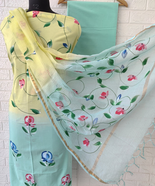 Hand Painted Cotton Suit with Cotton Kota Doria dupatta