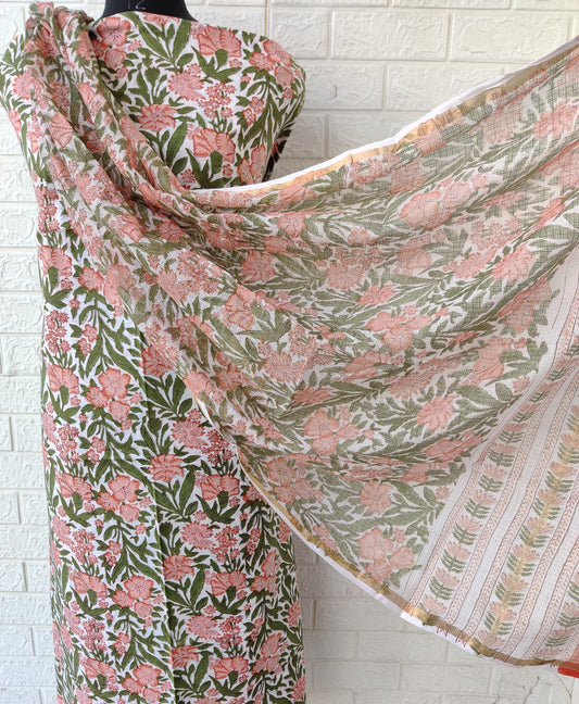 (All over) Hand Block Printed Cotton Suit with Cotton Kota Doria dupatta