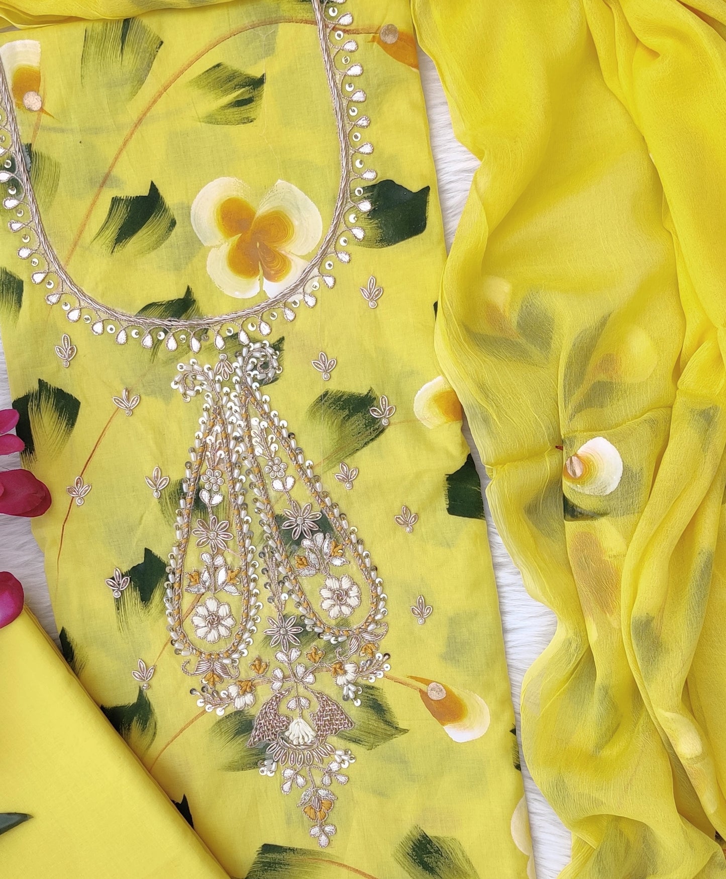 FLORAL PRINTED COTTON GOTA PATTI SUIT WITH CHIFFON DUPATTA