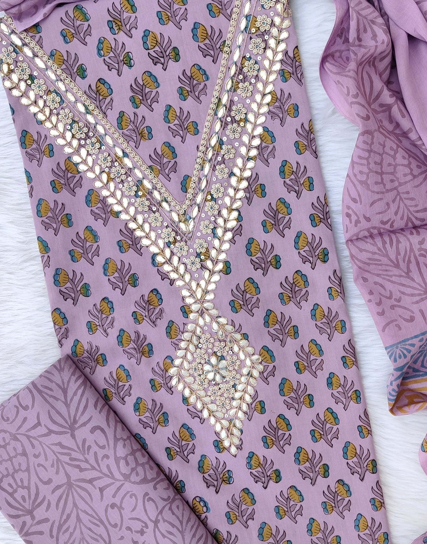 (SALE) FLORAL PRINTED COTTON GOTA PATTI SUIT WITH COTTON DUPATTA