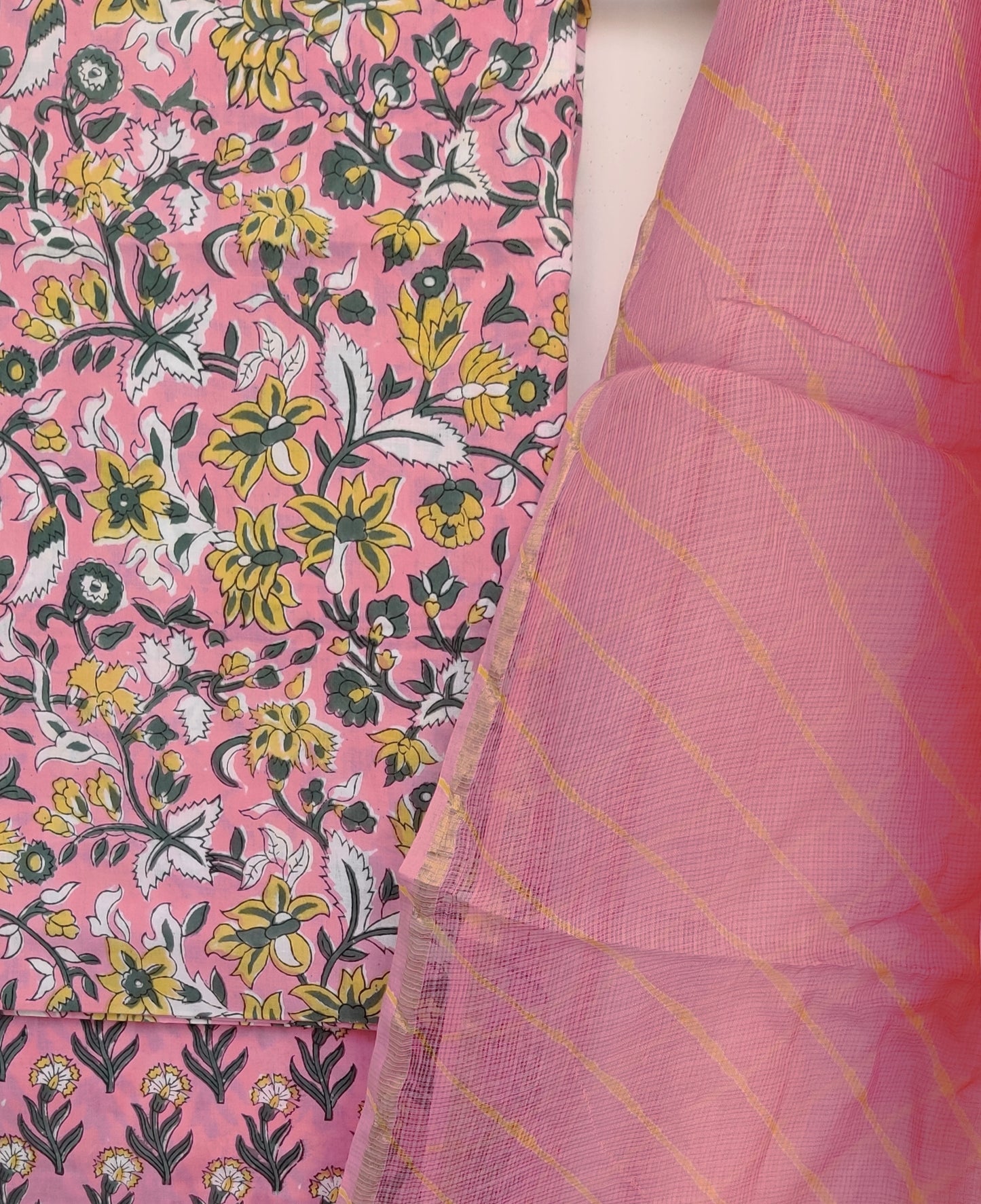BLOCK PRINTED COTTON SUIT WITH LEHRIYA KOTA DORIA DUPATTA