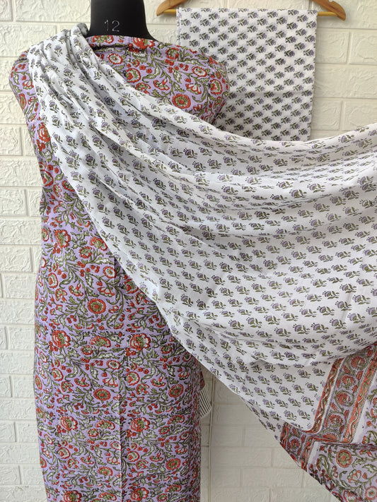 Hand Block Printed Cotton Suit With Mulmul Cotton Dupatta