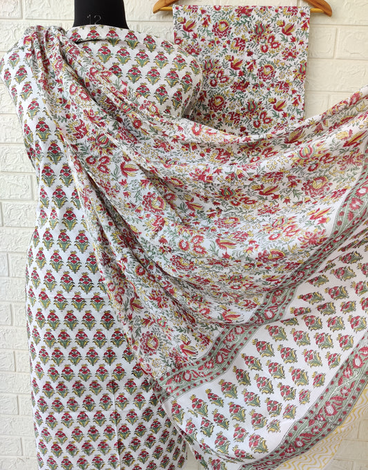 Hand Block Printed Cotton Suit With Mulmul Cottonn Dupatta