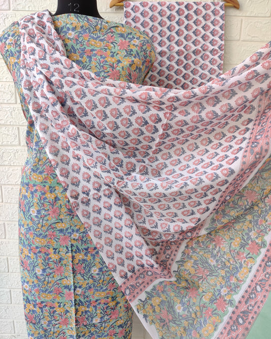 Hand Block Printed Cotton Suit With Mulmul Cotton Dupatta